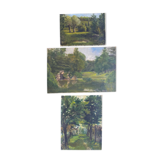 Paintings lot of 3 HST Landscapes Garden Pond early XX°