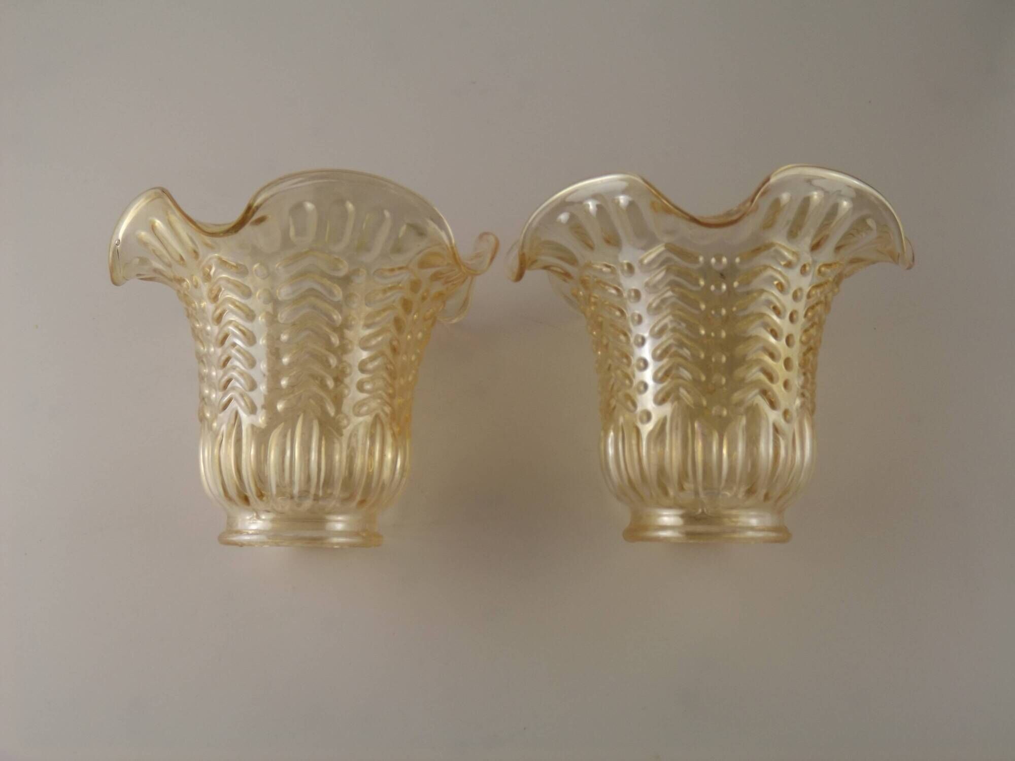 Matching Pair of Vintage French Amber Patterned Glass Shades 5594
