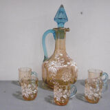 Emaille glass service a liqueur carafe and glasses