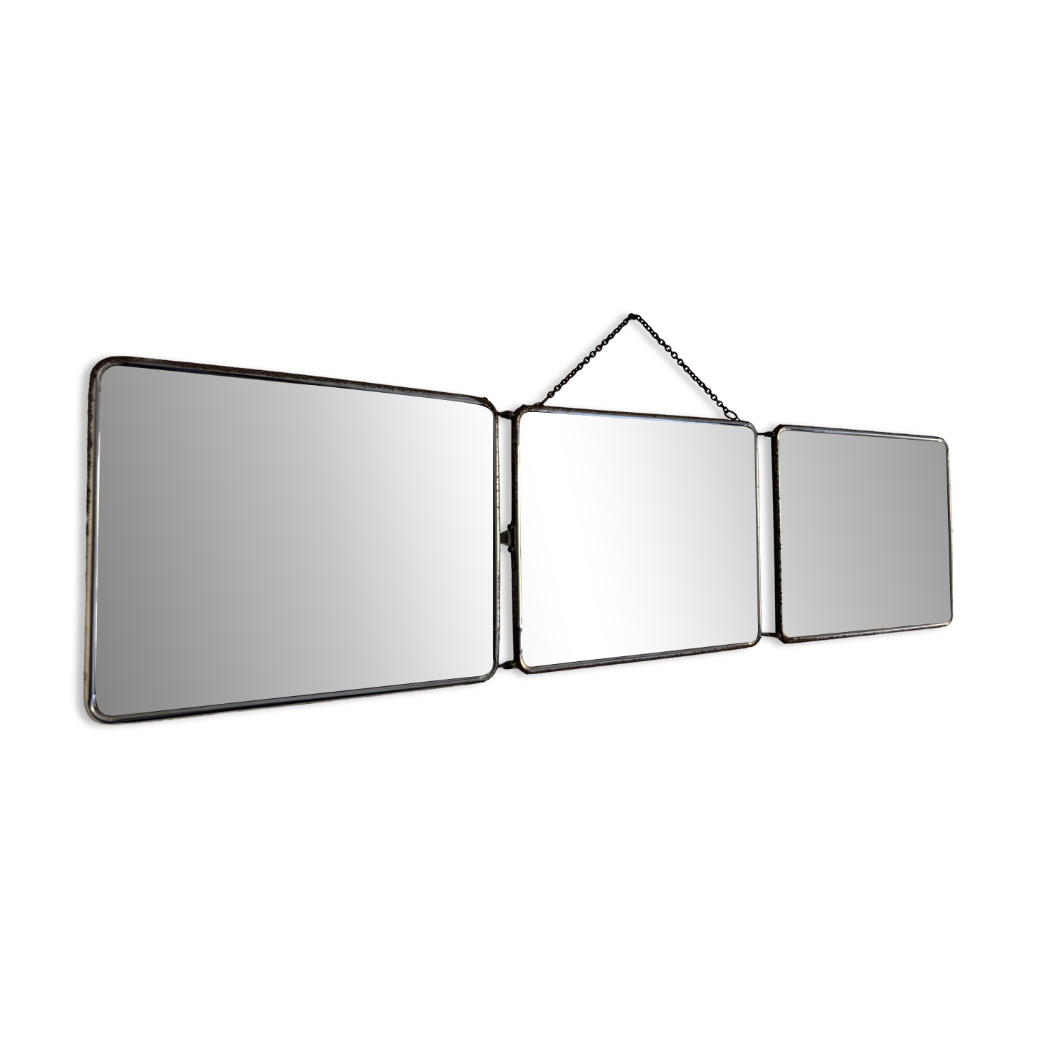 Vintage 1950s triptych barber mirror in duck blue - 22 x 86 cm