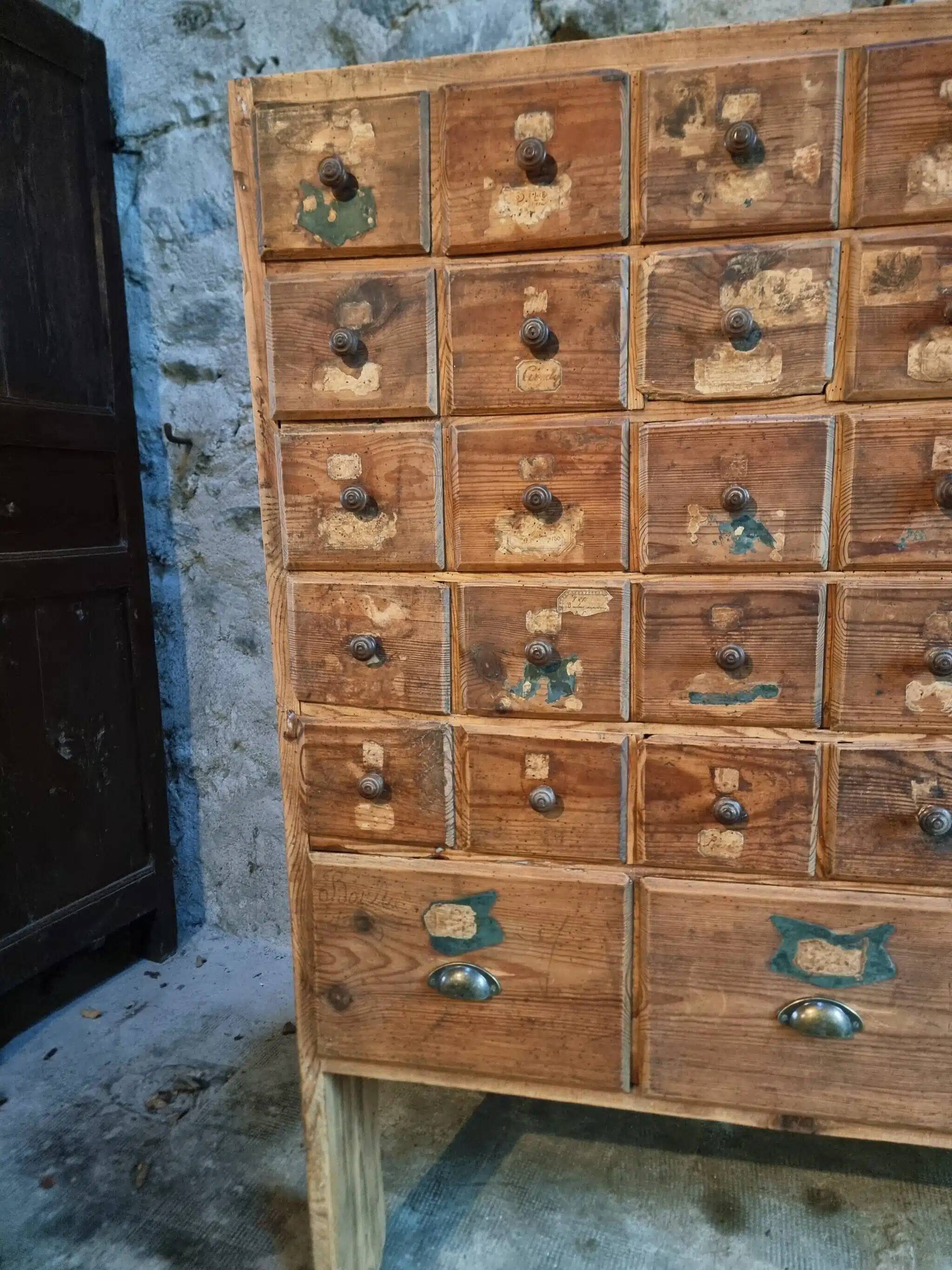 Antique pine drawer cabinet with 50 drawers, apothecary or hardware, 19th century