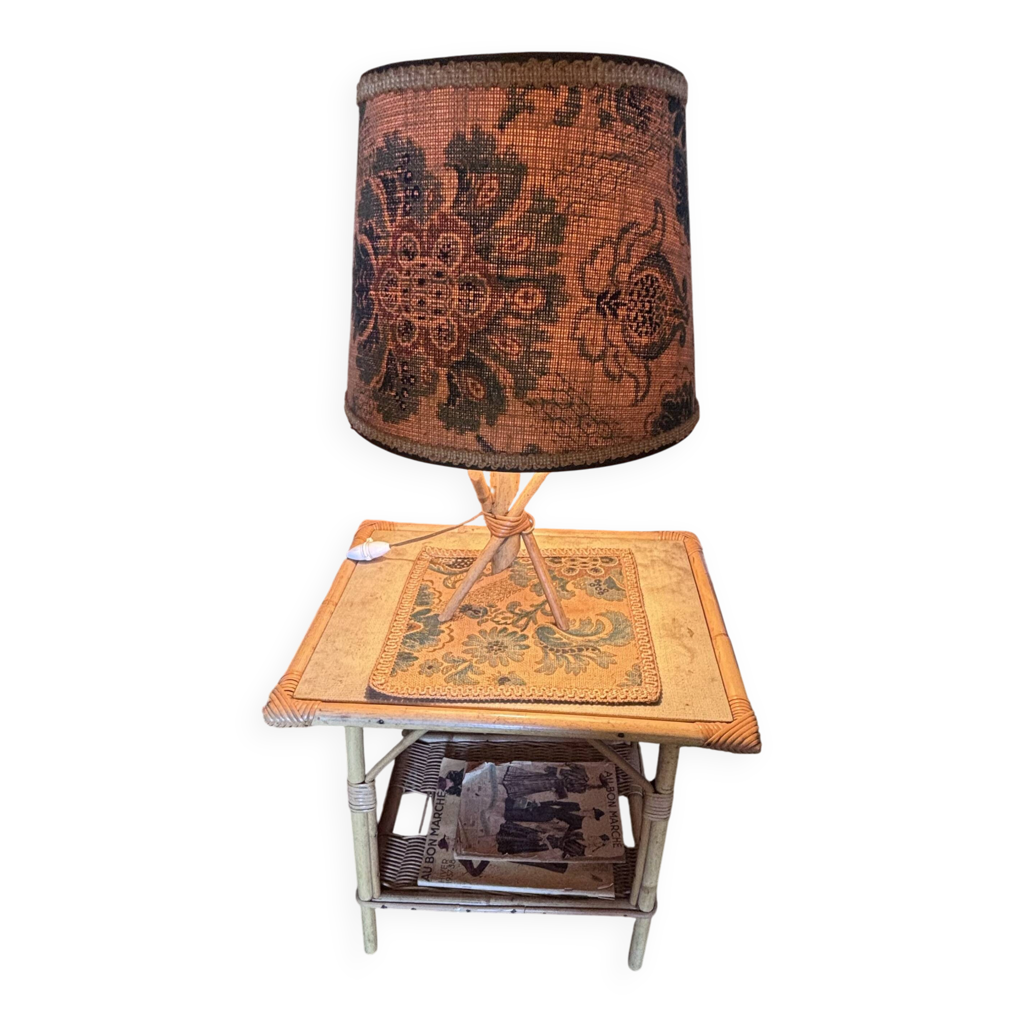 Rattan and bamboo lamp with printed fabric shade.
