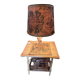 Rattan and bamboo lamp with printed fabric shade.