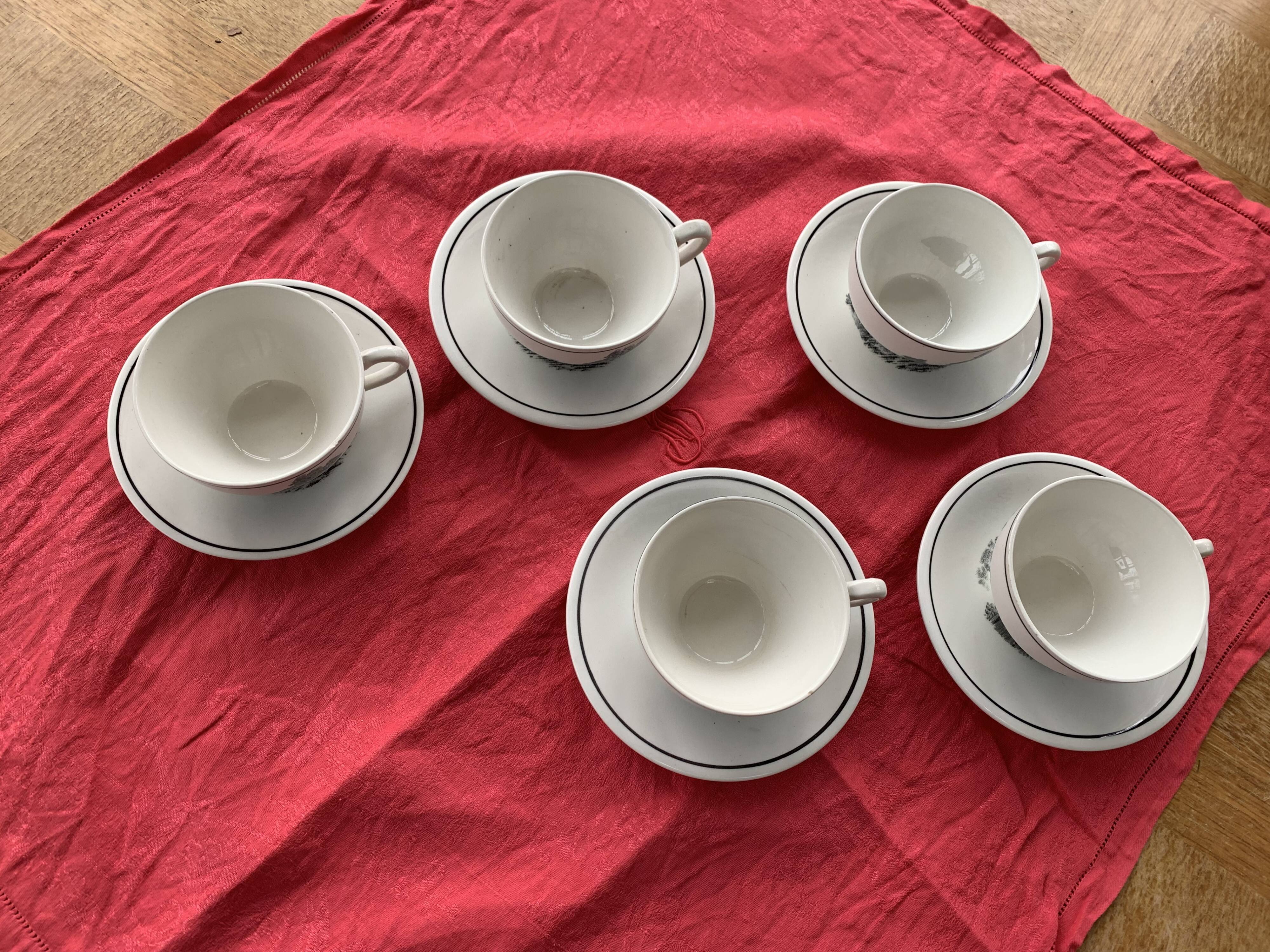 5 cups and 5 saucers La Louvière boch Belgium peasant scene art deco