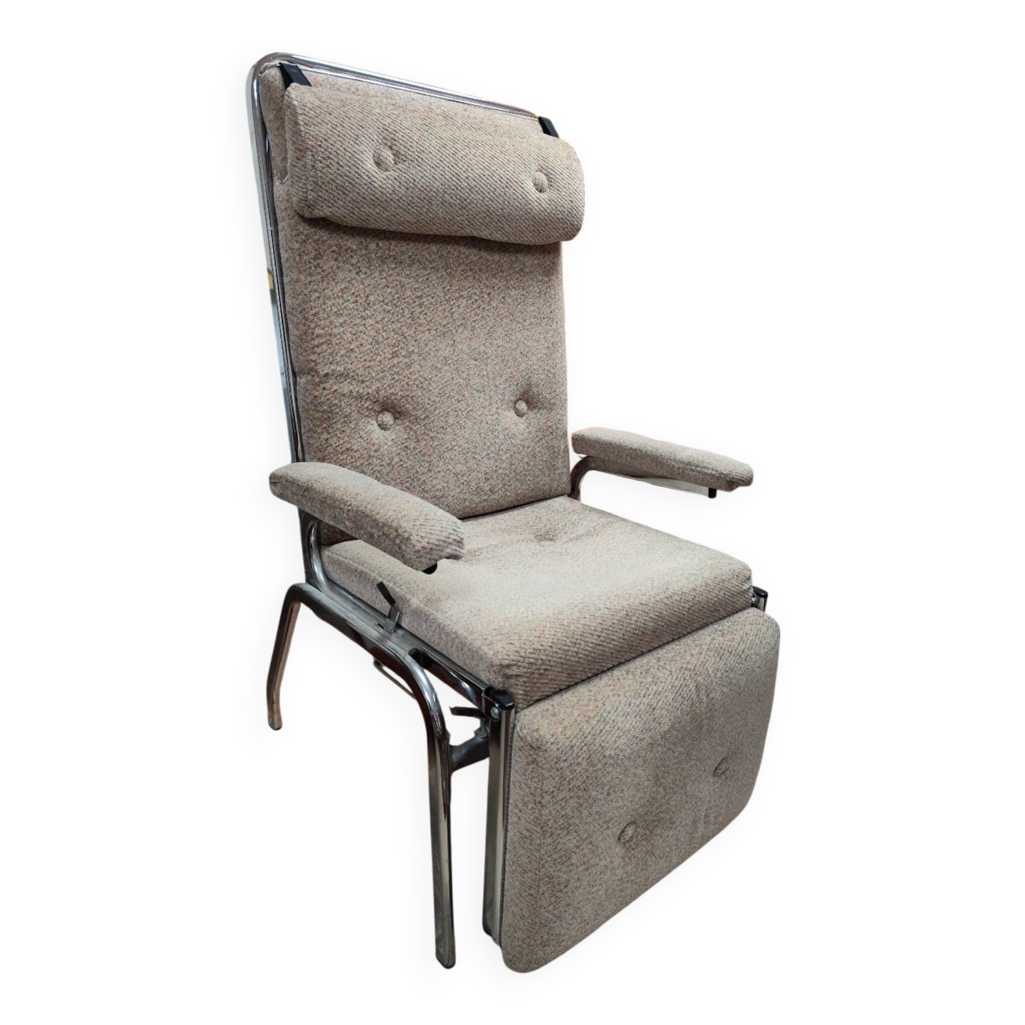 1970s fabric and stainless steel reclining armchair