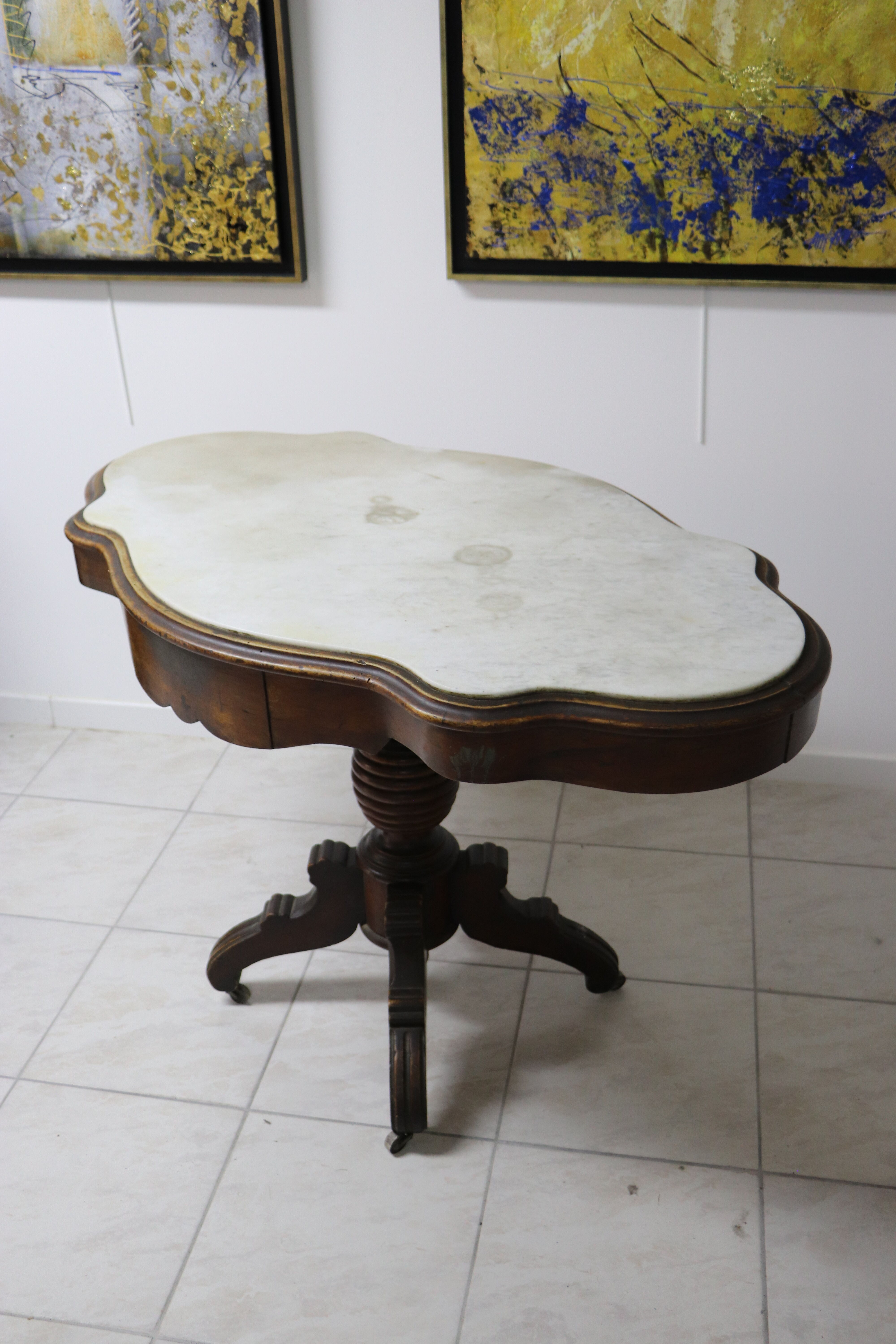 Art Deco wheeled table with 2 walnut drawers on white marble top