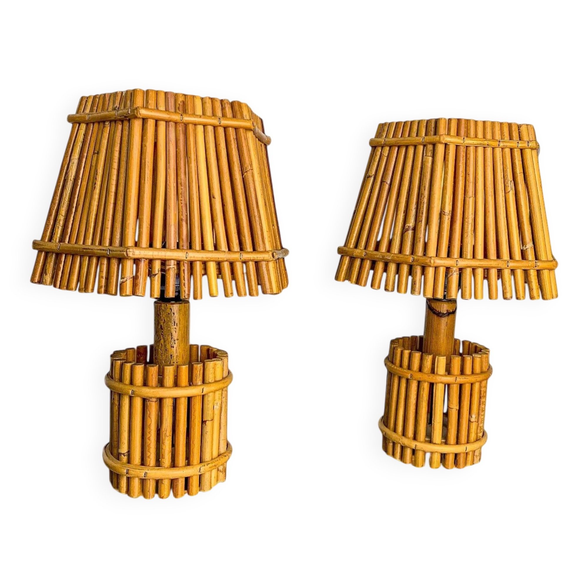 Pair of French Riviera bamboo & rattan table lamps, Louis Sognot's style, 1960s