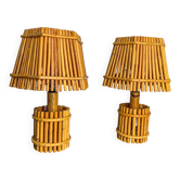 Pair of French Riviera bamboo & rattan table lamps, Louis Sognot's style, 1960s