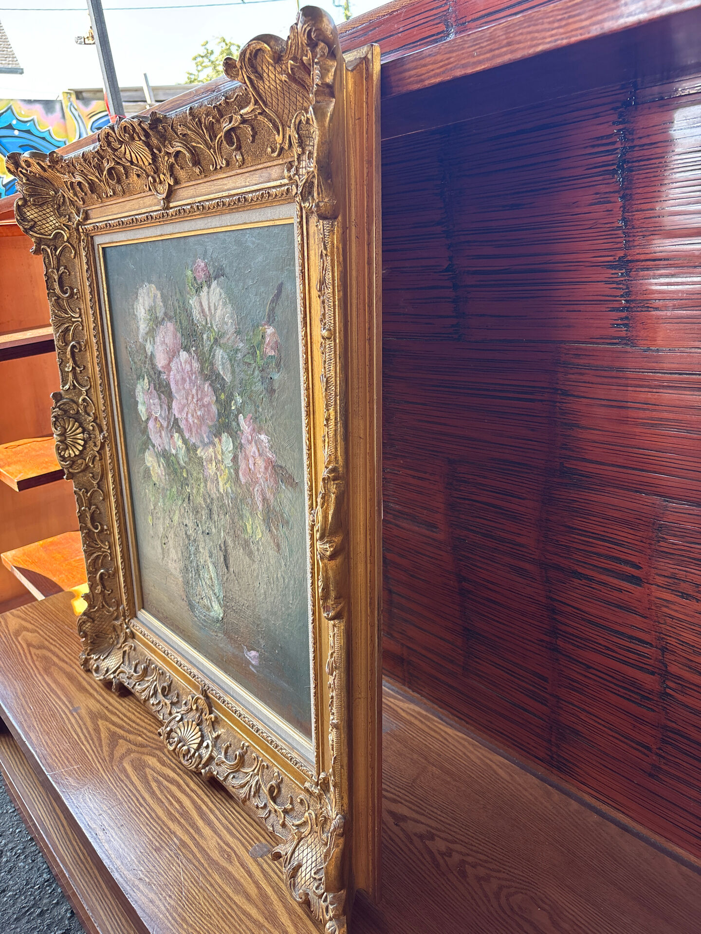 Large painting by Victor Zolnierowicz, peonies, oil on canvas, frame year