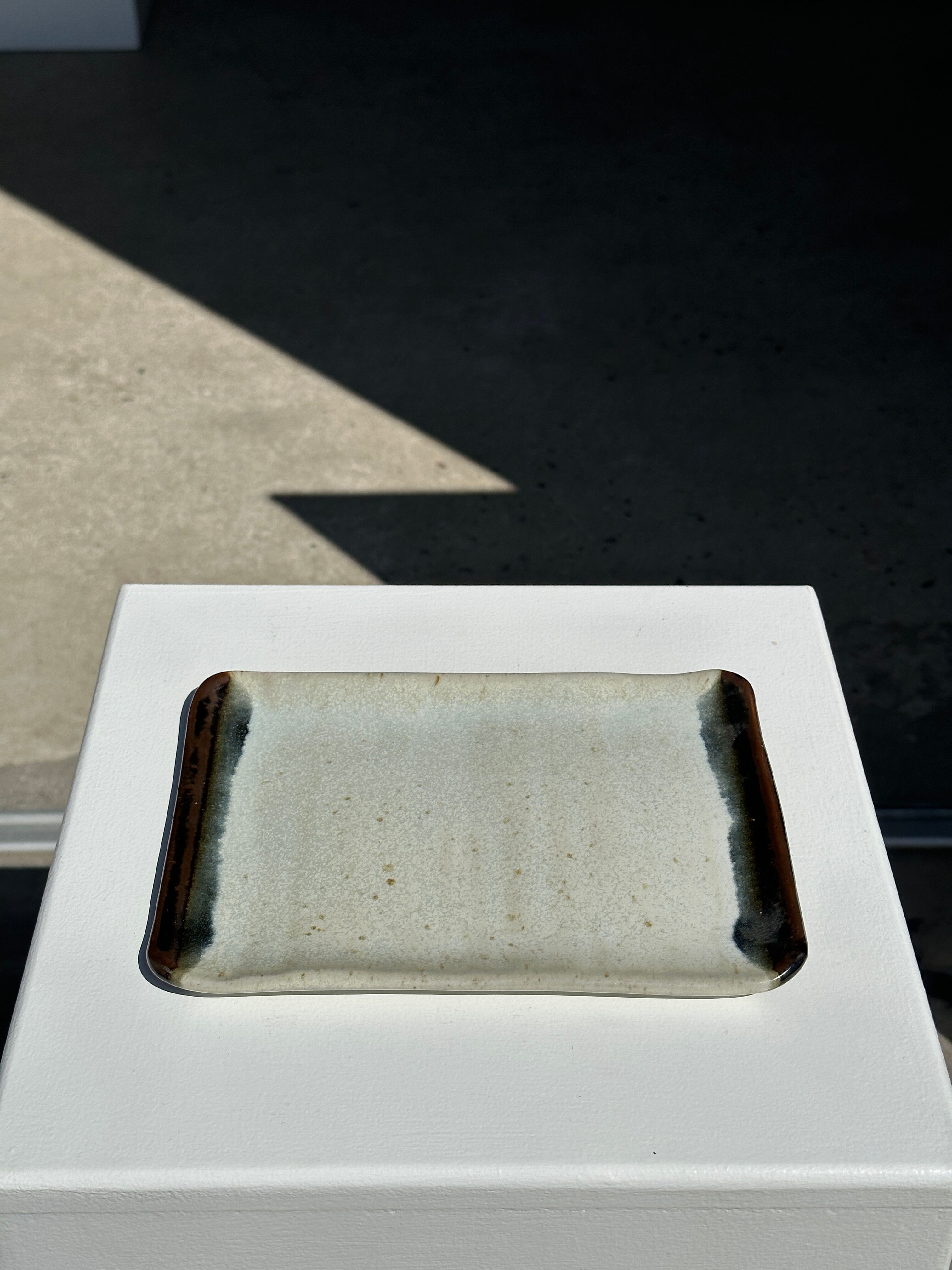 Trio of small rectangular serving dishes white and black Indonesian ceramic 21x16