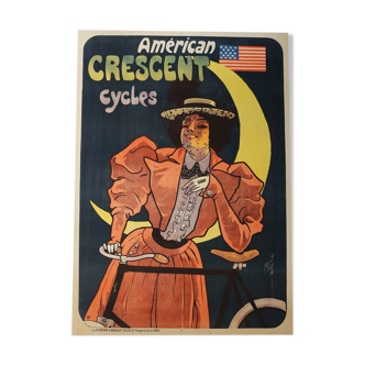 Affiche ancienne vélo American crescent cycle signée Misti Litho Stars & Stripes lune 1898