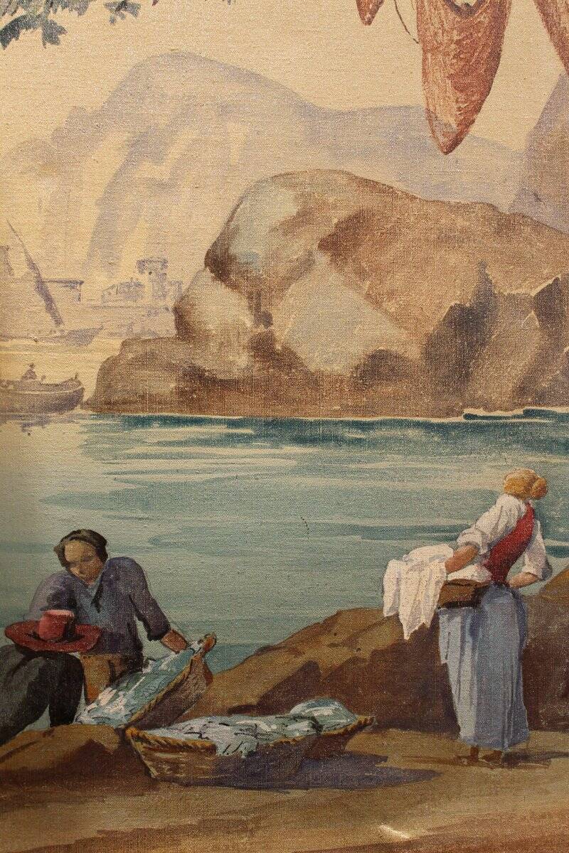 Early 20th Century French Tempera on Canvas Folding Screen with Seascape View
