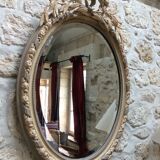 Miroir médaillon fronton noeud et roses gris et argile 98x68cm