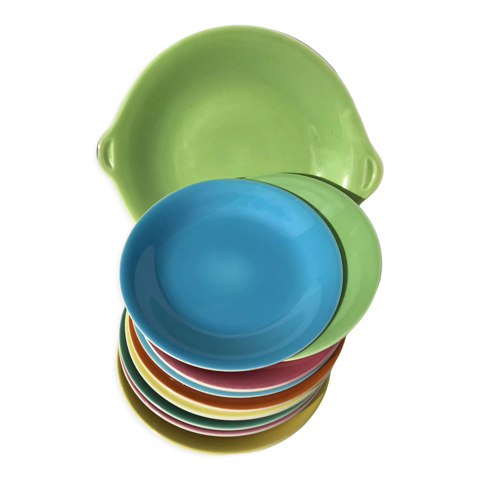 Set of 9 Salins dessert plates with multicolored earthenware cake dish