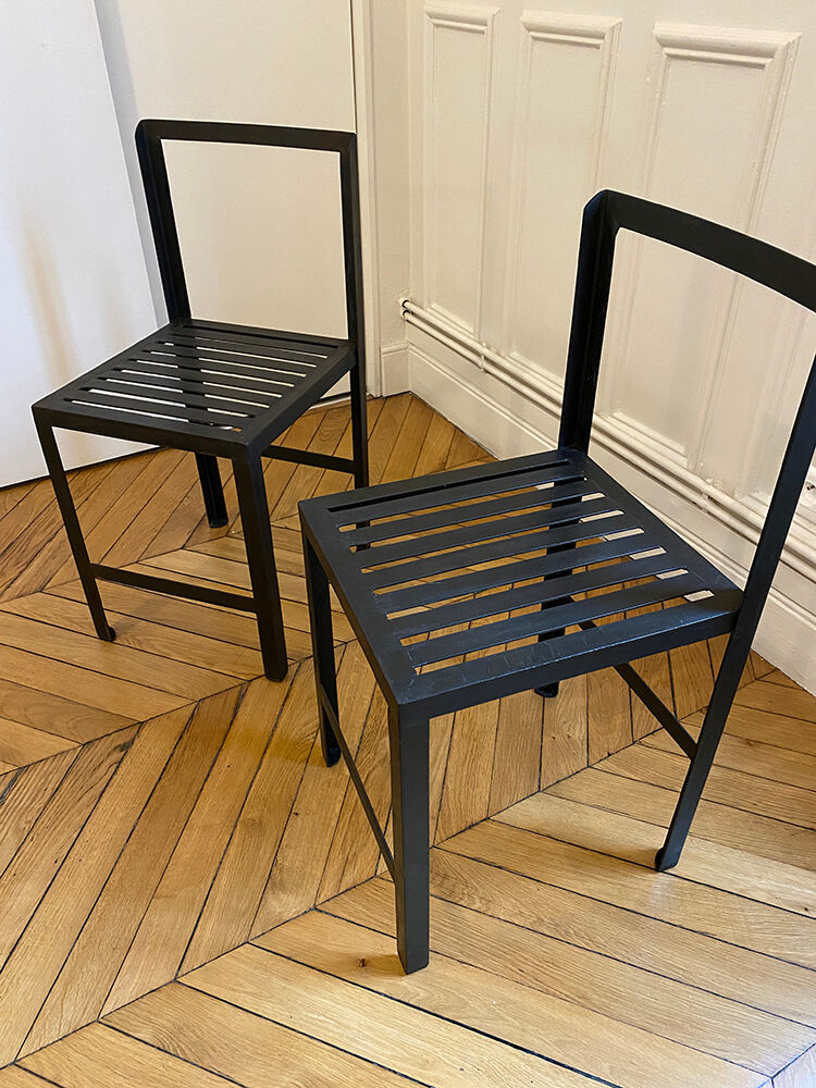Set of 8 patinated and waxed raw steel chairs