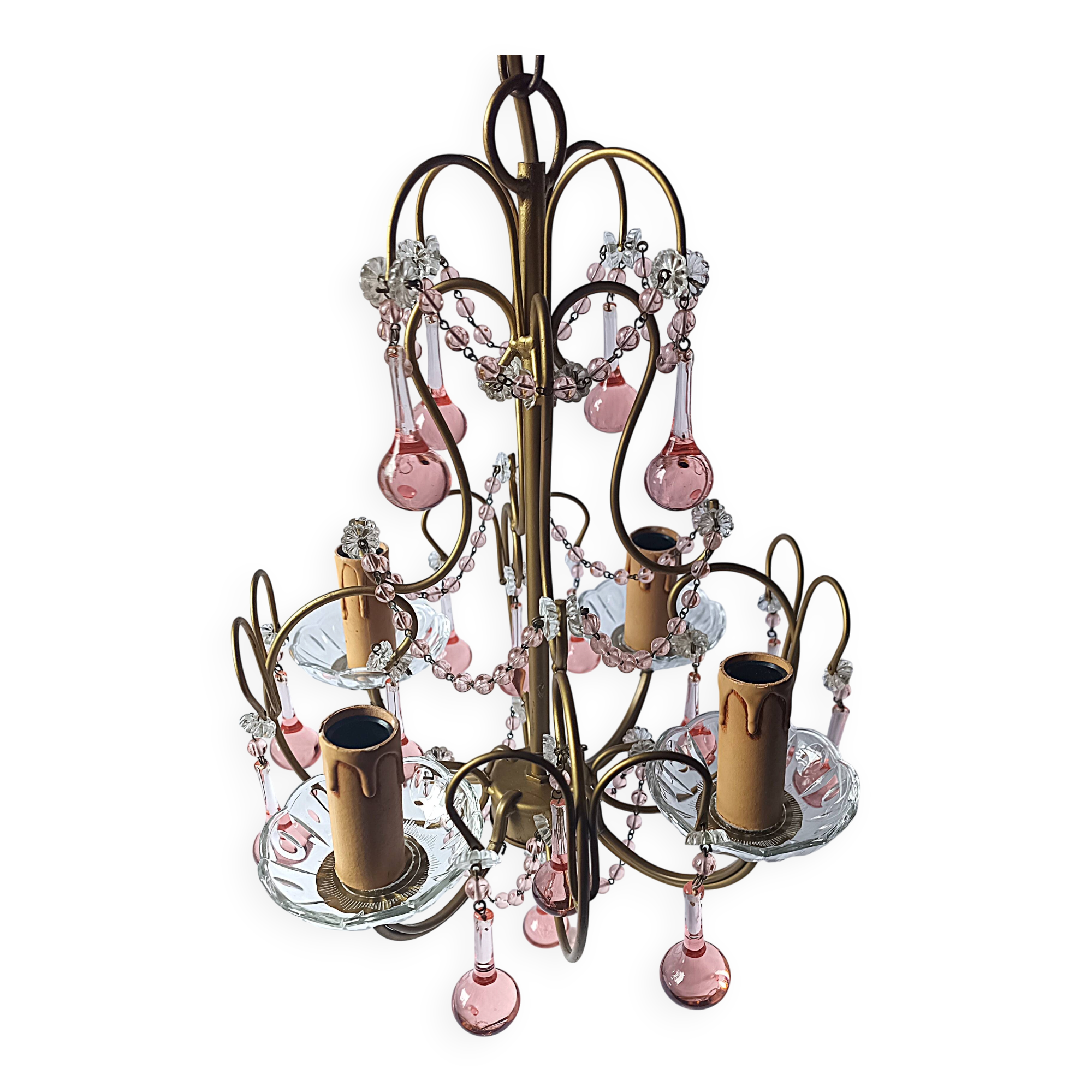 Vintage Murano drop pendant chandelier with pearl flower, 4 lights.