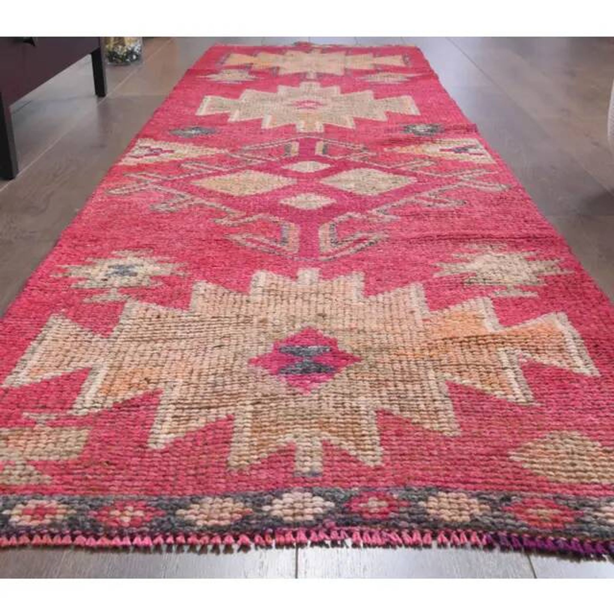 1970s vintage Turkish hand-knotted wool cotton pink runner rug 80x289