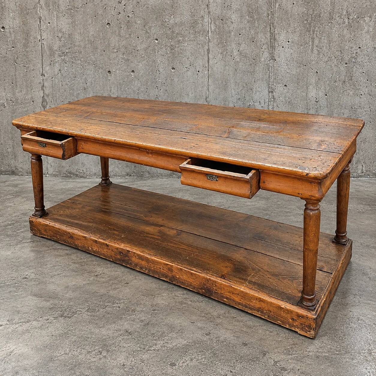 Antique French draper's table / 2 x drawers / Pinewood / 1900s