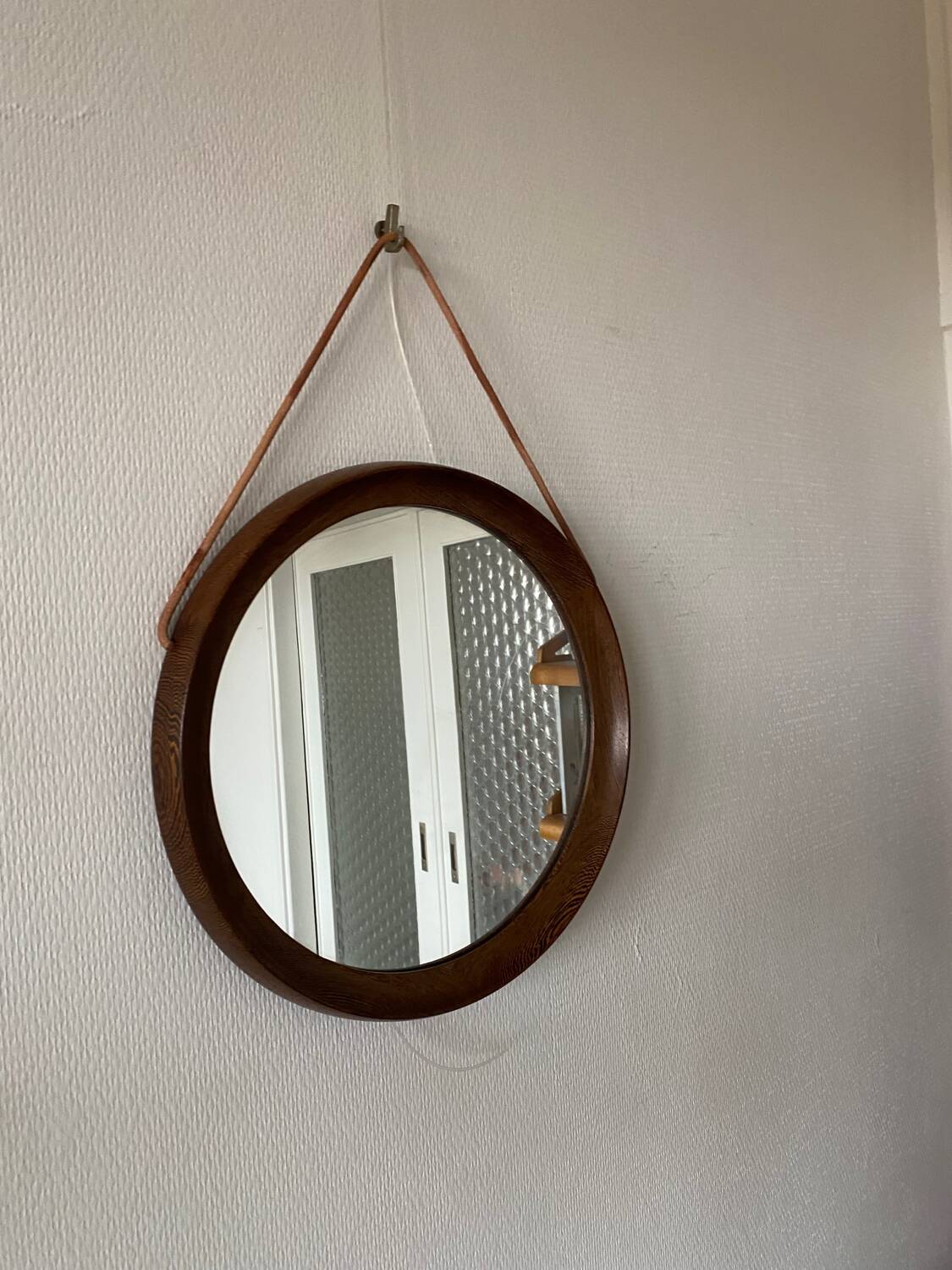 Mid-Century Scandinavian Round Wenge Wood Mirror with Leather Strap, 1950s