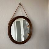 Mid-Century Scandinavian Round Wenge Wood Mirror with Leather Strap, 1950s