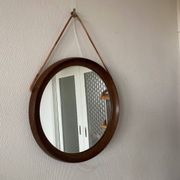 Mid-Century Scandinavian Round Wenge Wood Mirror with Leather Strap, 1950s