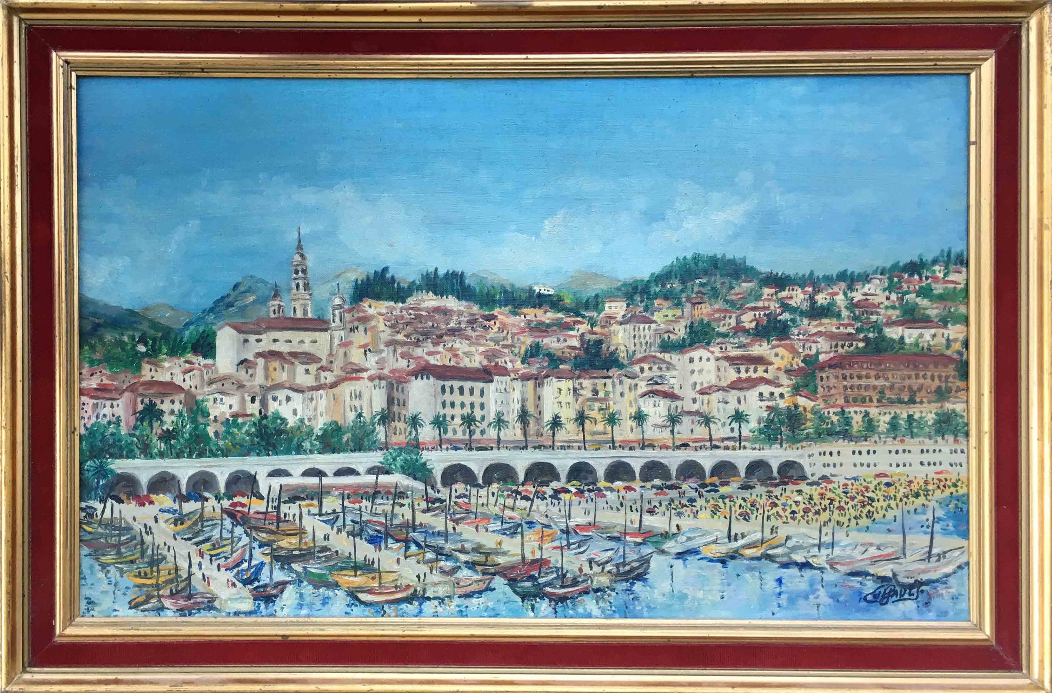 Painting port de Menton by Jacques Cuffaut, mid-twentieth century with frame
