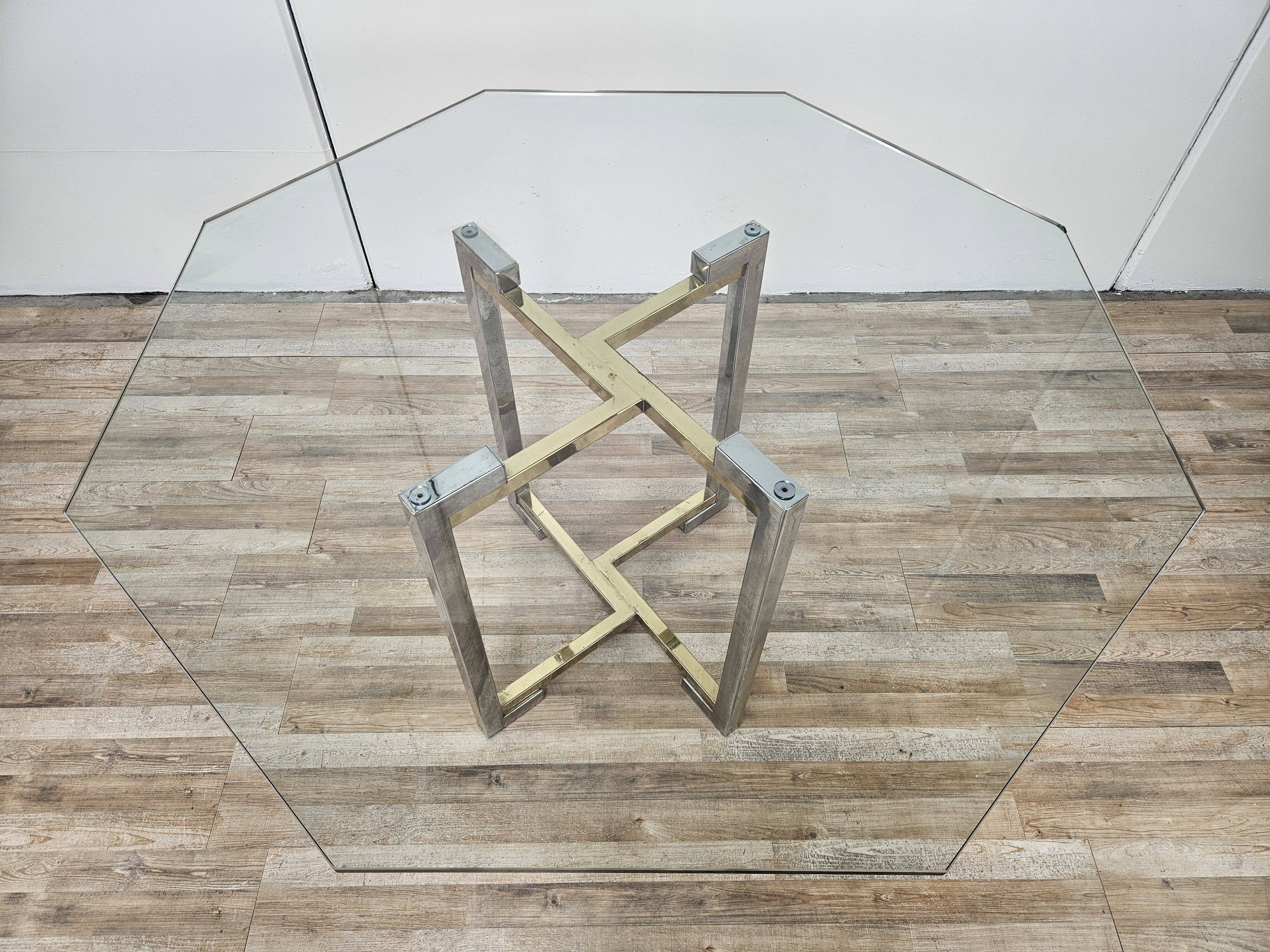 Regency Table in Chromed Metal and Brass with Hexagonal Glass Top