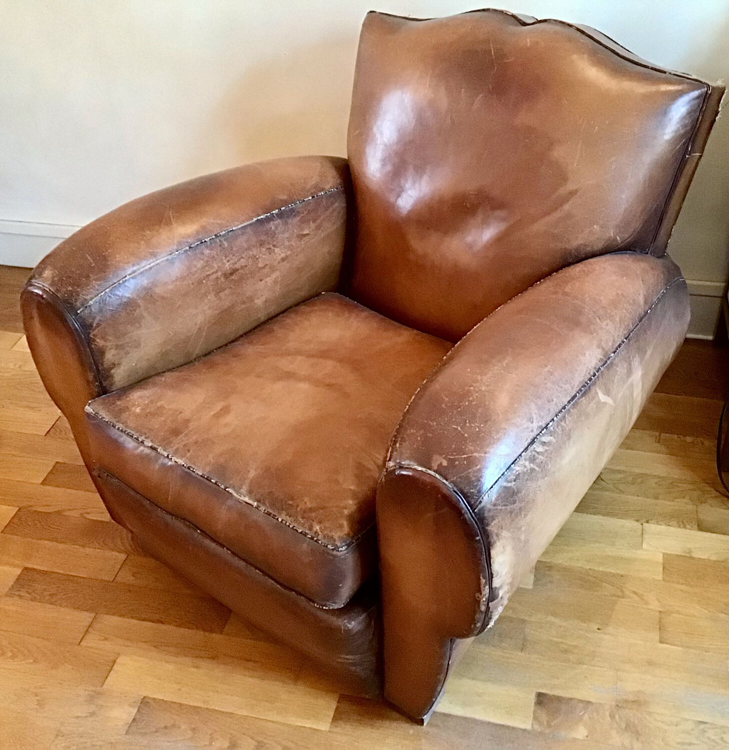 Pair armchairs club leather mustache art deco