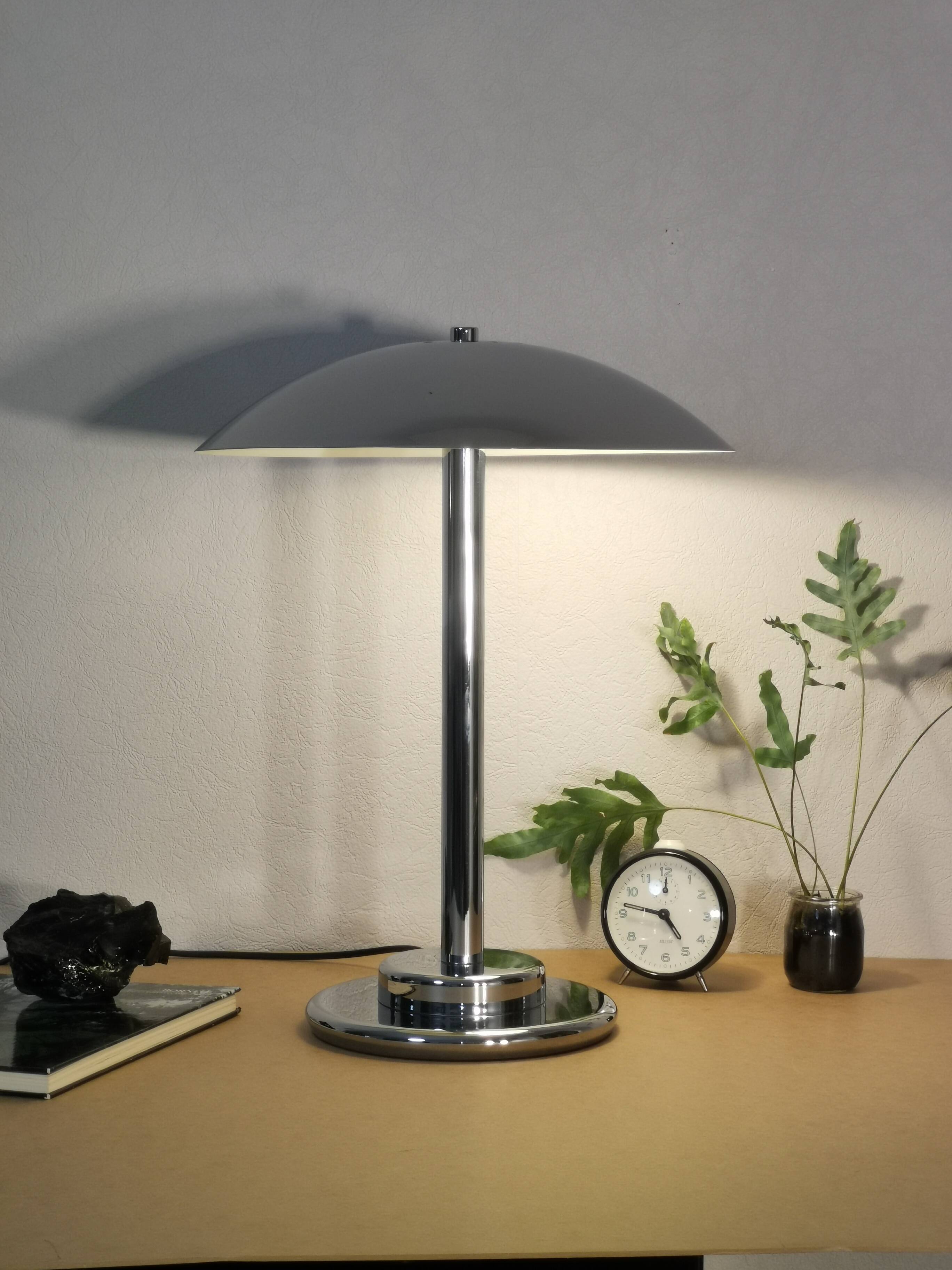 Mushroom lamp, chrome metal saucer, Aluminor, France, 1970