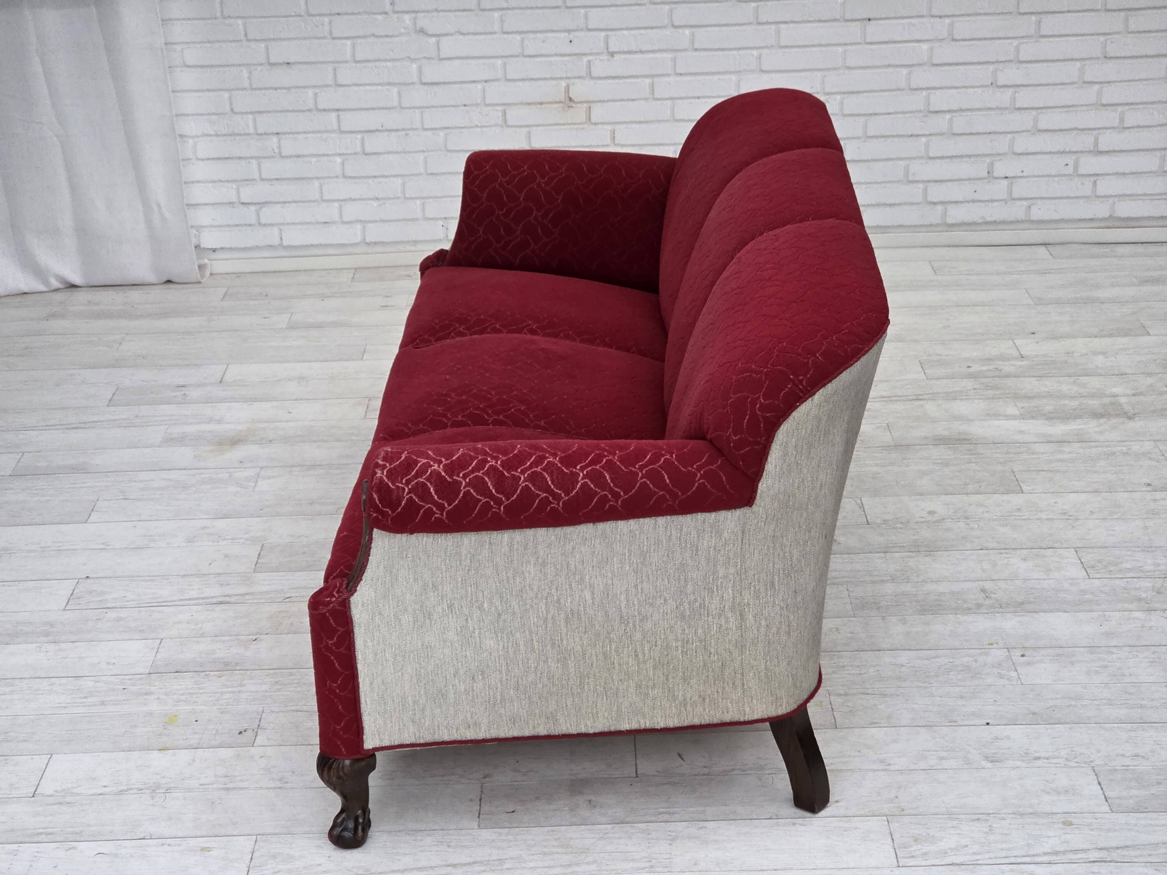 1950s, Danish 3-seater sofa, red and light grey furniture wool, oak wood.