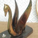 Art Deco swan and white globe table lamp with black marble base