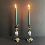 Pair of Napoleon III candlesticks in bronze and floral porcelain