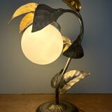 Vintage lamp with leaves in gilded brass and white opaline globe