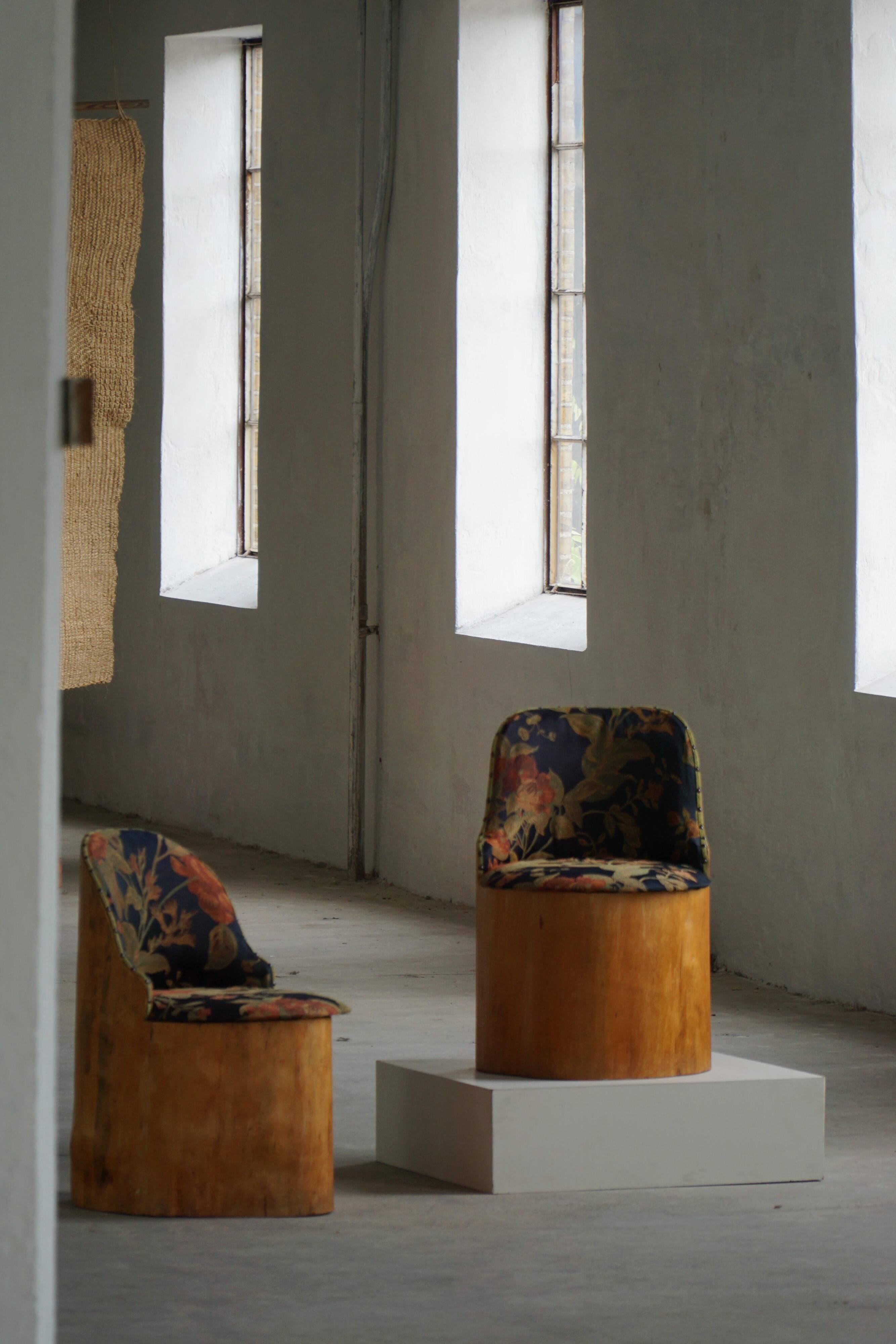 Swedish stump chair / "Kubstol" in pine and floral upholstery, mid-20th century