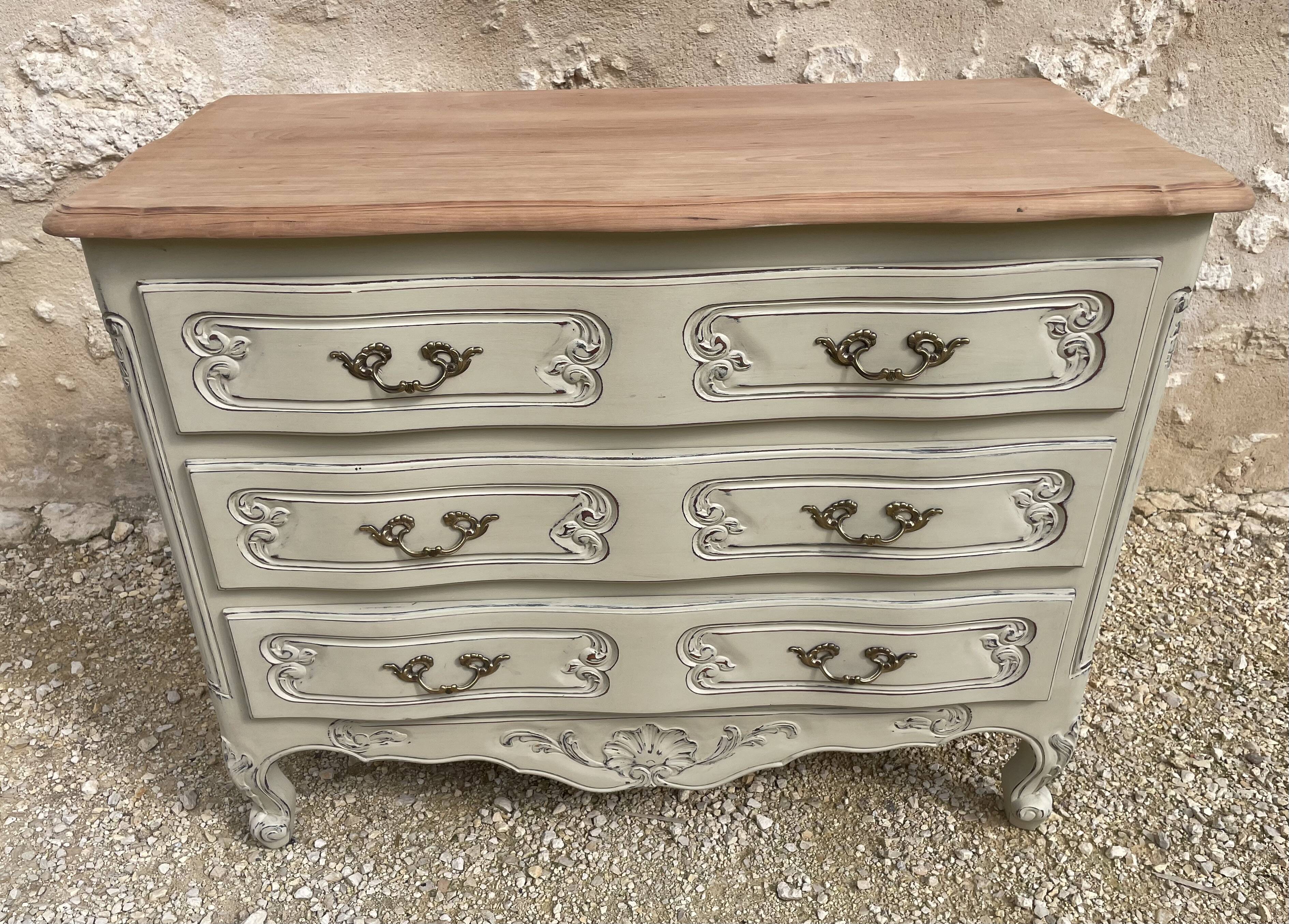 Louis XV style chest of drawers in patinated cherry wood and raw wood top