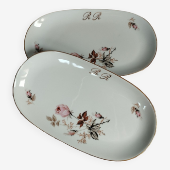 2 raviers or rose pocket tray, monogram RR, Limoges porcelain