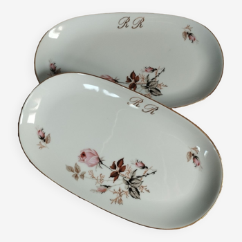 2 raviers ou vide-poche à la rose, monogramme RR, porcelaine Limoges