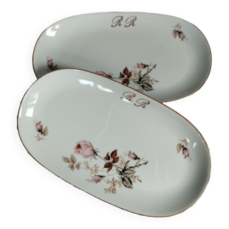 2 raviers ou vide-poche à la rose, monogramme RR, porcelaine Limoges