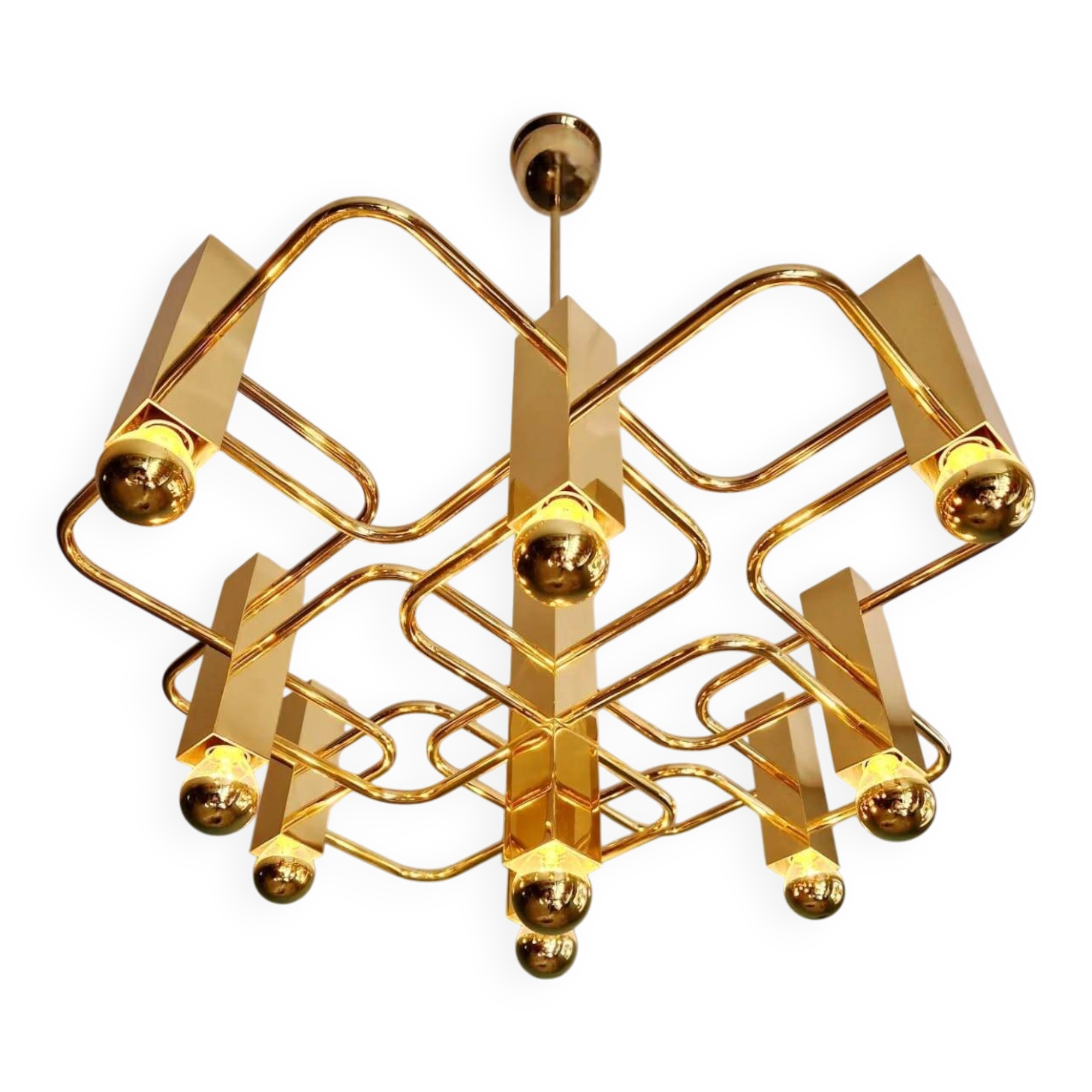 Geometric brass chandelier, design G. Sciolari, Boulanger, 1970