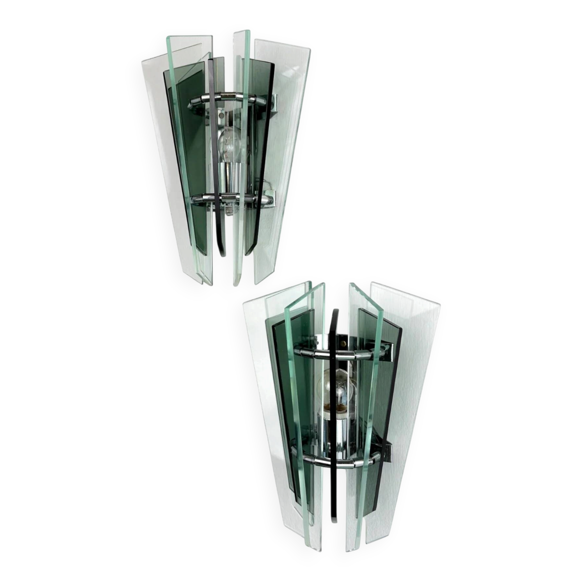 Pair of Veca wall lamps – green Murano cut glass, Italy 1970