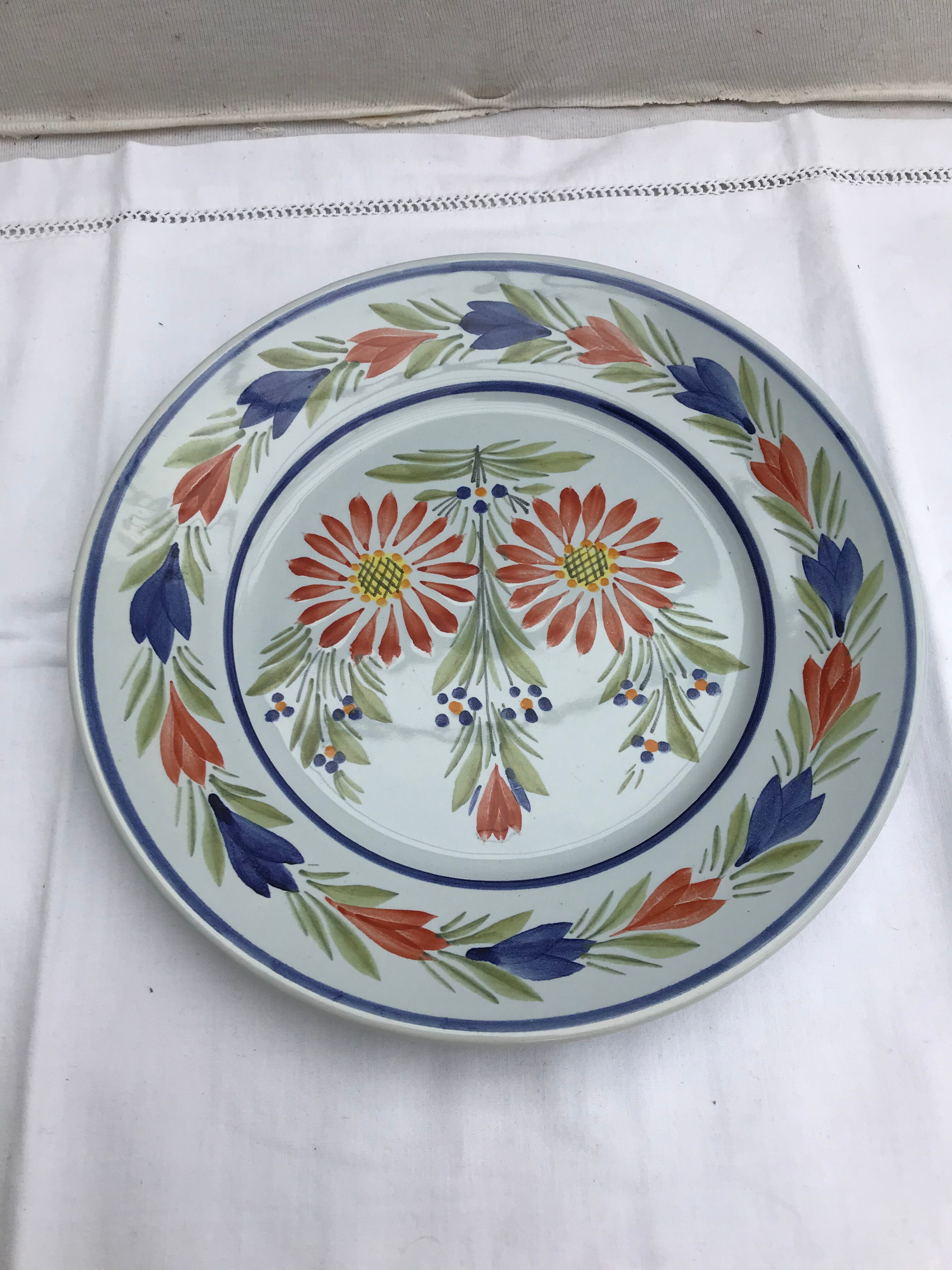 Old Plate Deco QUIMPER HB France Blue Ceramics - Vintage Painted Drawing