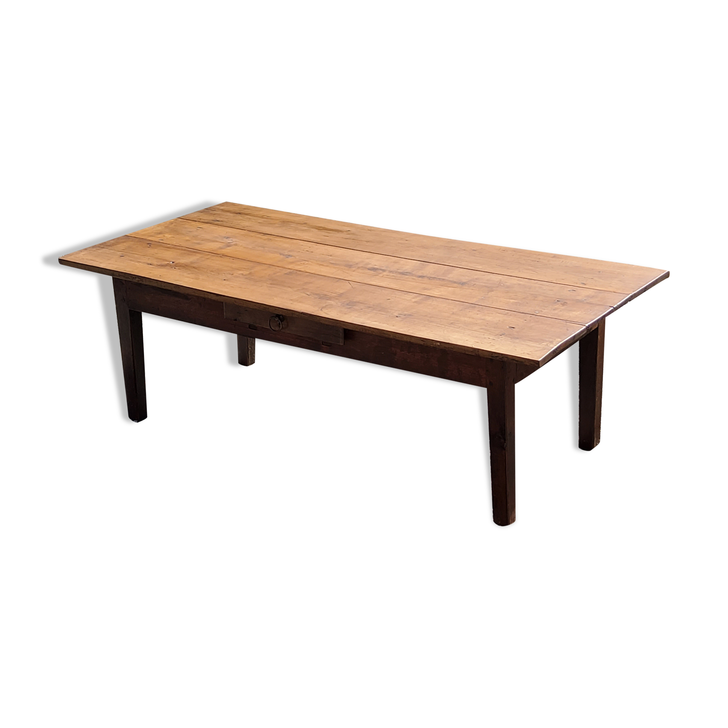 Table basse de ferme XIXième siècle plateau merisier piètement chêne 1 tiroir pieds fuseaux