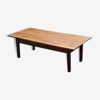 Farm coffee table XIXth century cherry tray oak base 1 drawer feet spindles