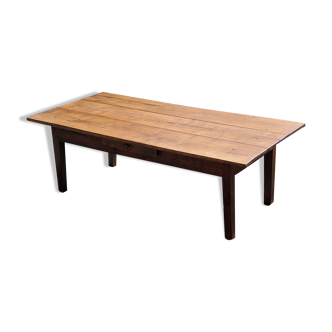 Farm coffee table XIXth century cherry tray oak base 1 drawer feet spindles