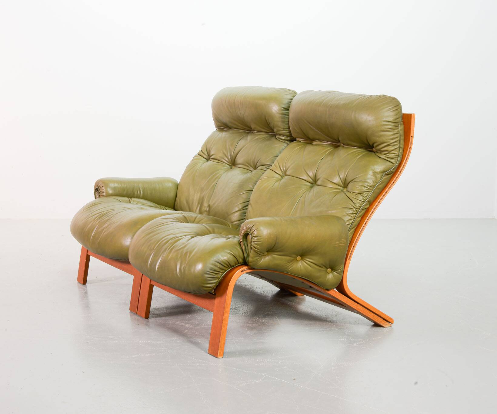 Scandinavian Rybo Rykken Olivegreen Leather 2-Seat Ry-Wing Lounge Sofa, 60s