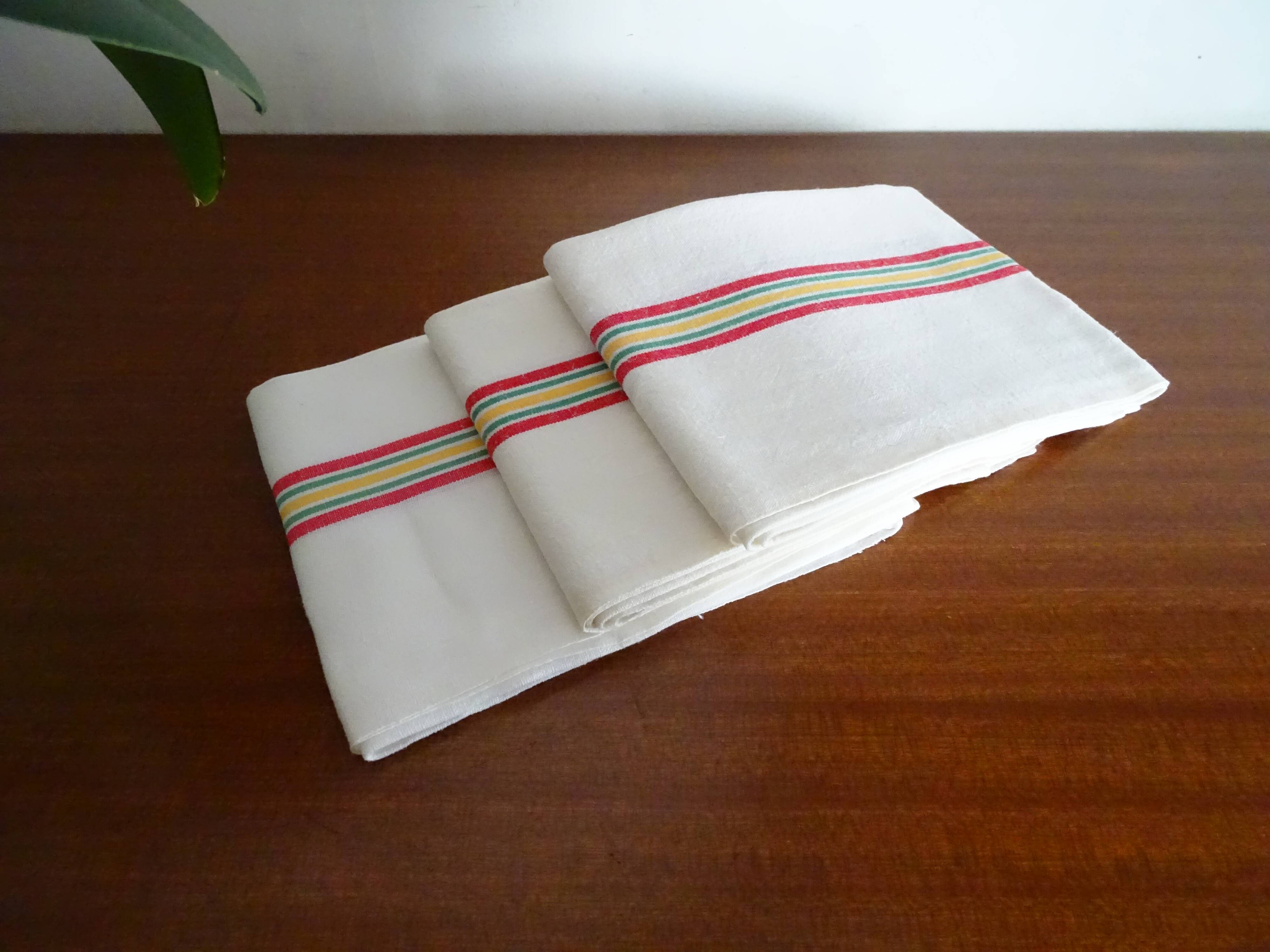 3 old linen cotton tea towels with vintage bedding