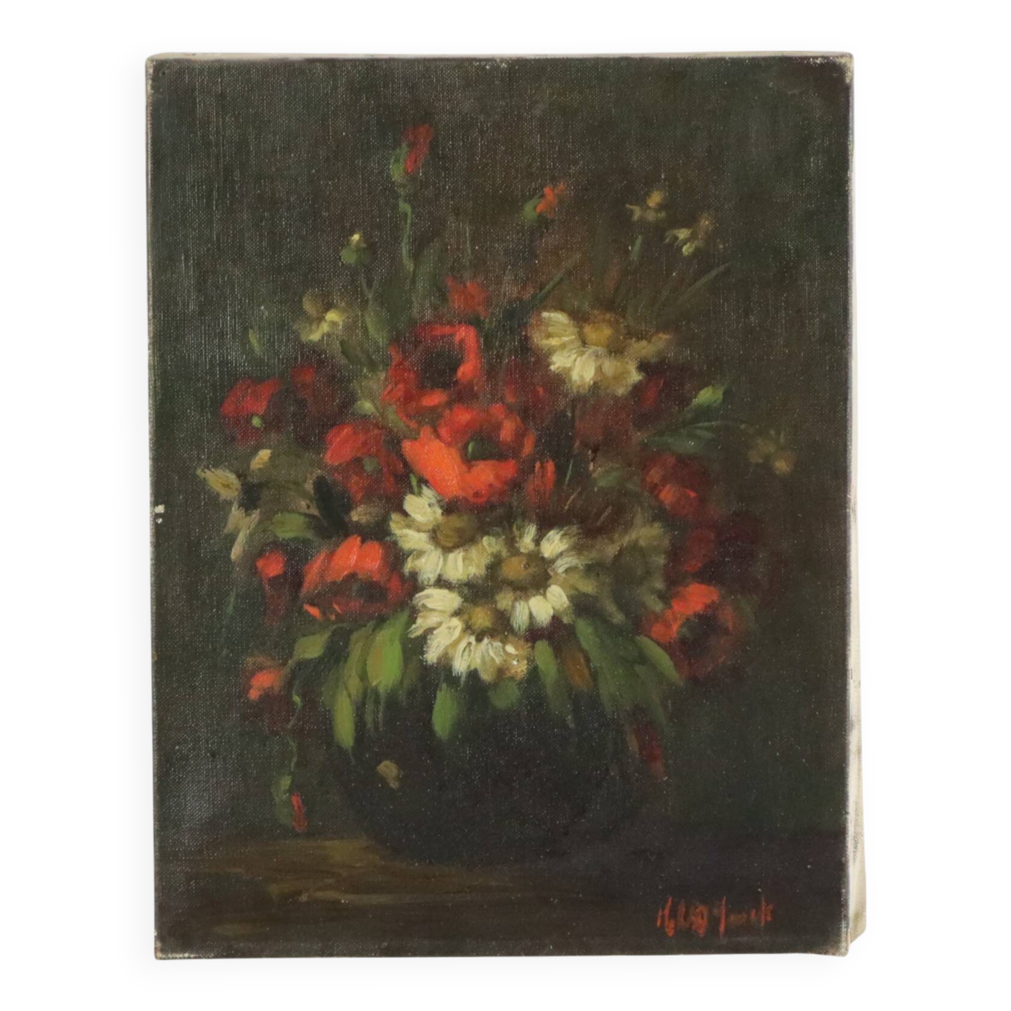 Flowers Still Life Painting Oil on Canvas Amateur Signed