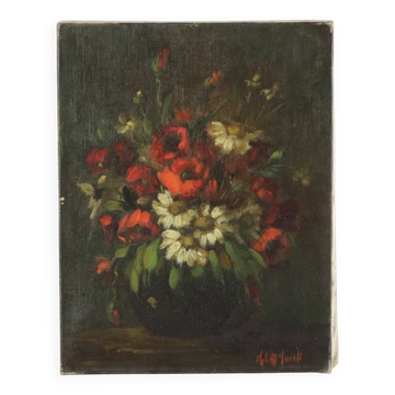 Flowers Still Life Painting Oil on Canvas Amateur Signed