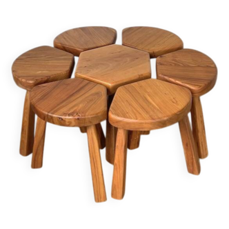 Flower coffee table set with elm tripod stools