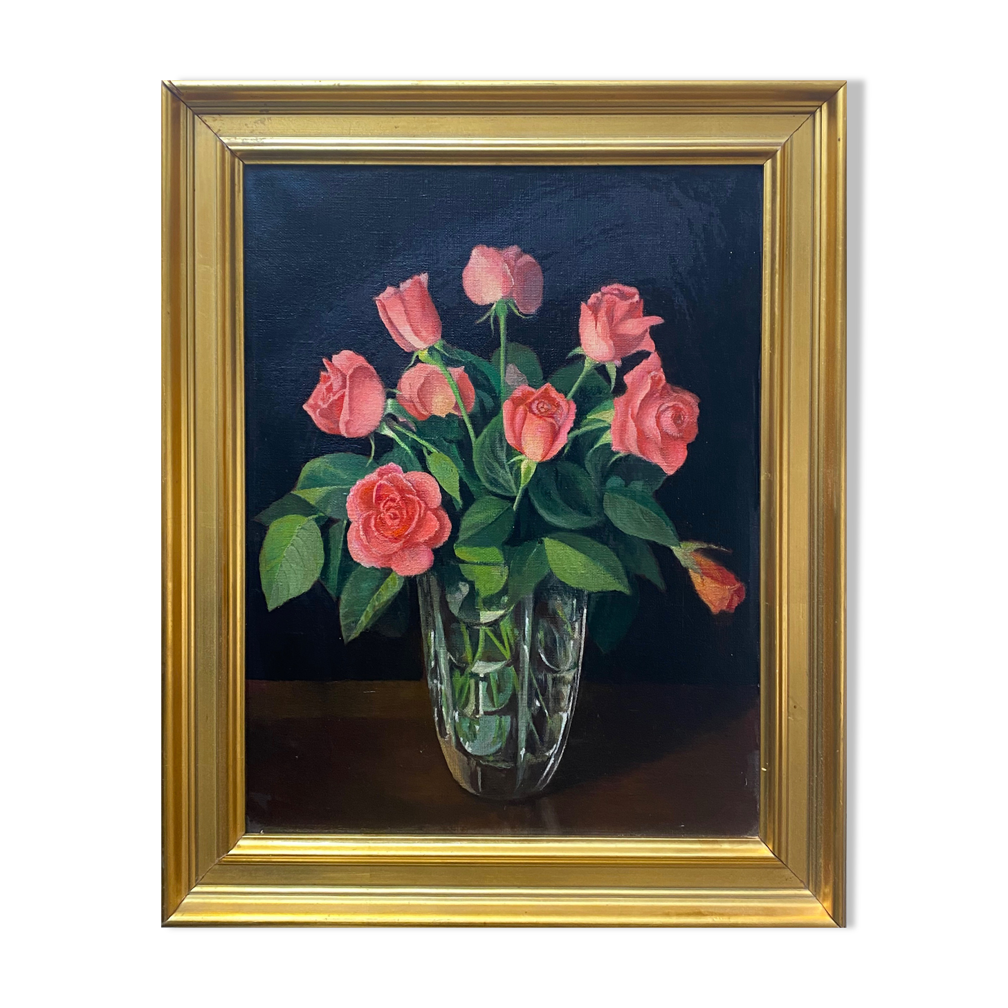 HST table "Bouquet of roses in its glass vase" with frame